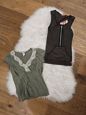 Vintage Olive Green Lace-Trim Top Set